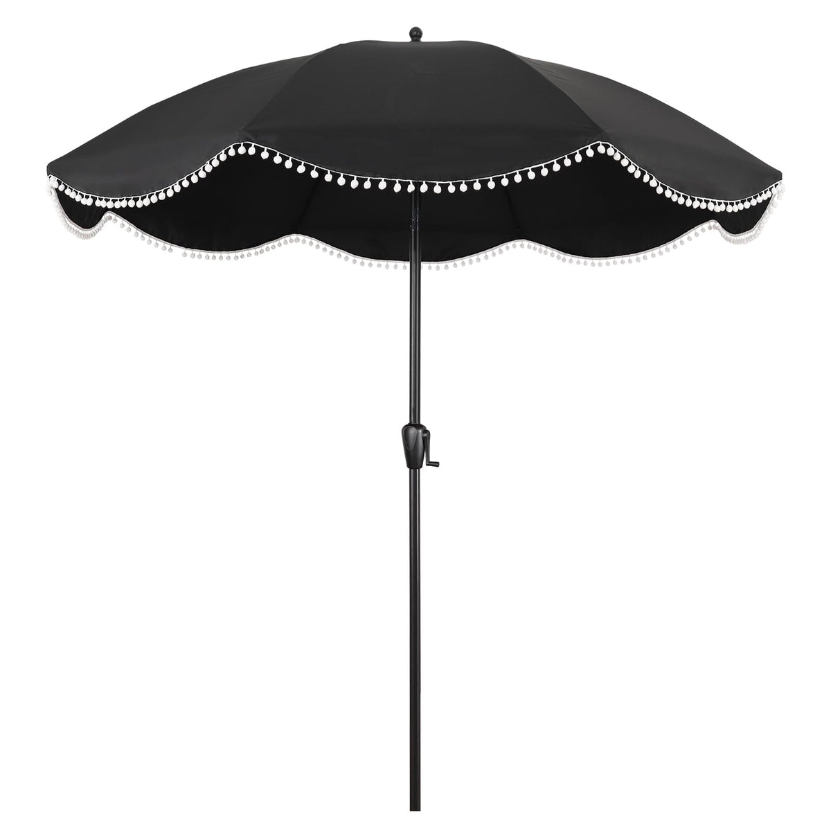 Sun-Ray 9ft umbrella with black canopy and white fringe shading outdoor spaces.