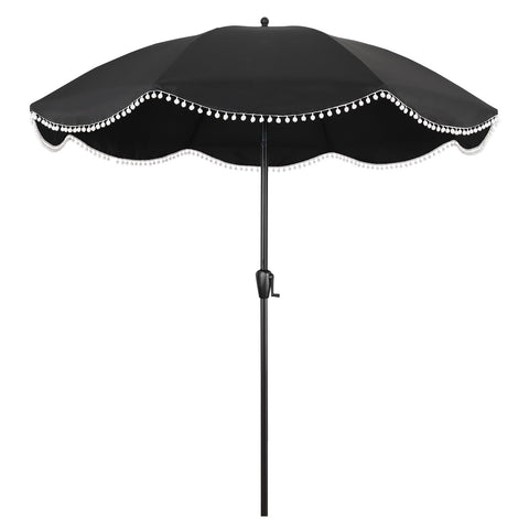 Sun-Ray 9ft umbrella with black canopy and white fringe shading outdoor spaces.