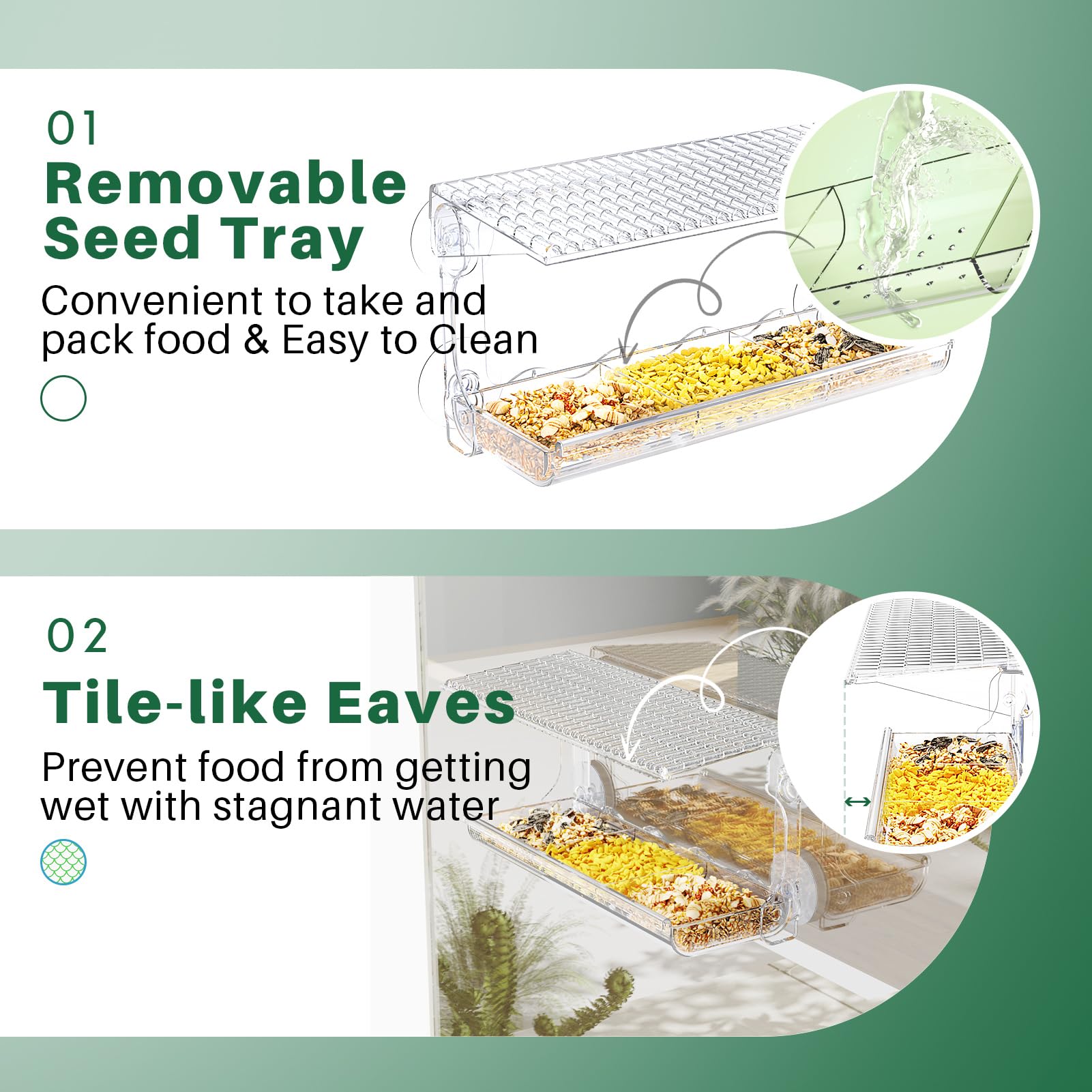 Sunally Window Bird Feeder drainage system keeps feed dry and mold-free.