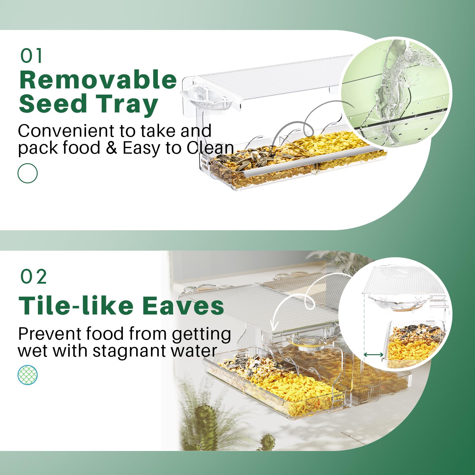 Sunally Window Bird Feeder drainage system keeps seeds dry and mold-free.