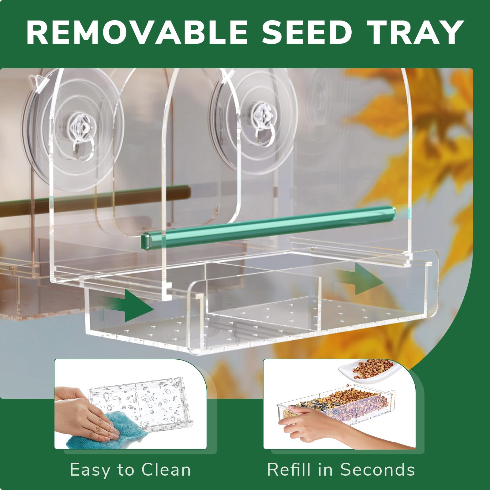 SUNALLY Window Bird Feeder features a spill-resistant removable tray for mess-free refills.