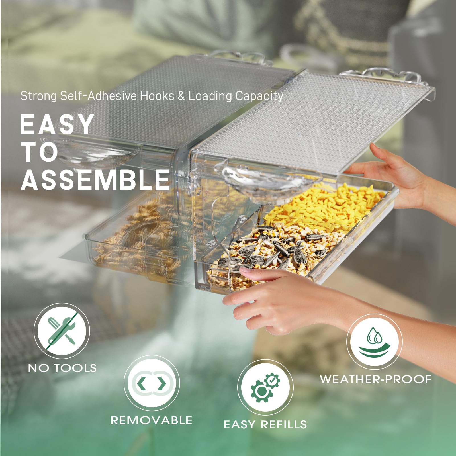 Sunally Window Bird Feeder removable tray enables quick, easy cleaning.