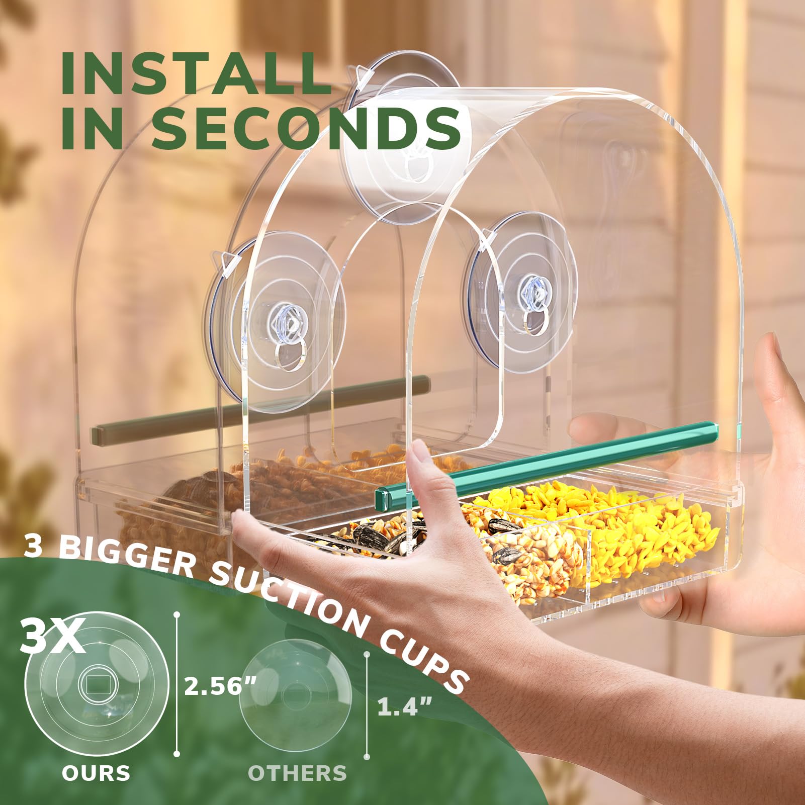 SUNALLY Window Bird Feeder design highlights its semi-circular feeding space.