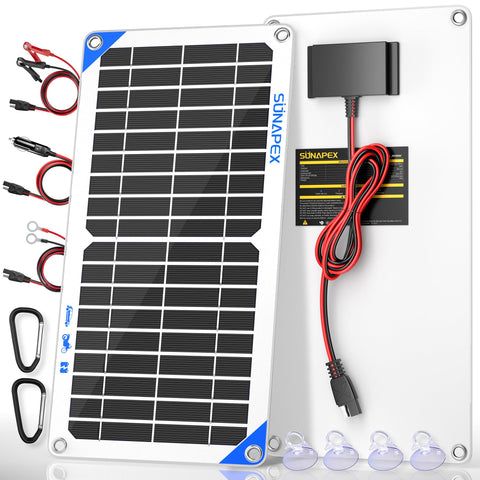 SUNAPEX 12V solar panel charger in use for outdoor battery charging from sunlight.