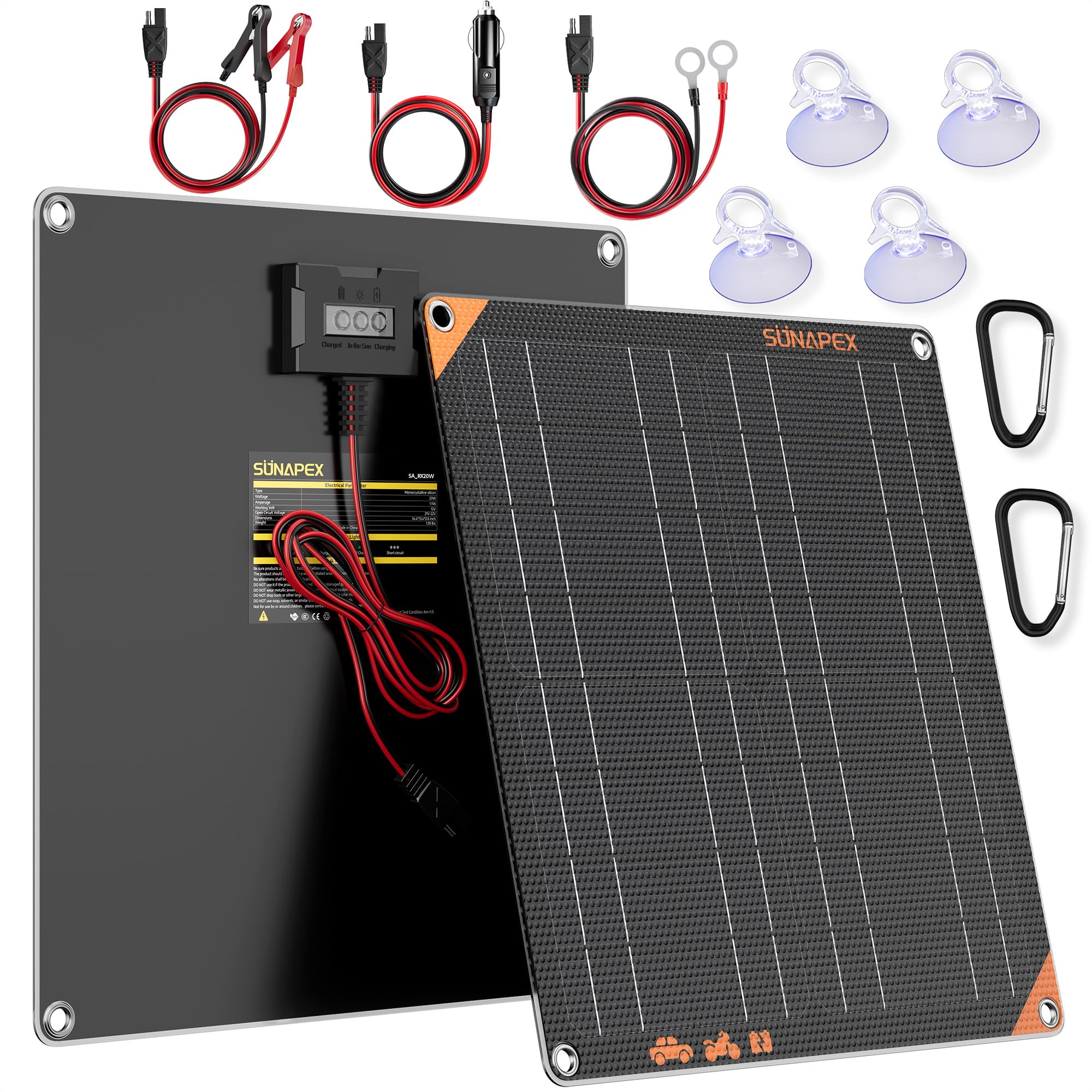 SUNAPEX 12V 20W solar panel mounted on car window for on-the-go charging.