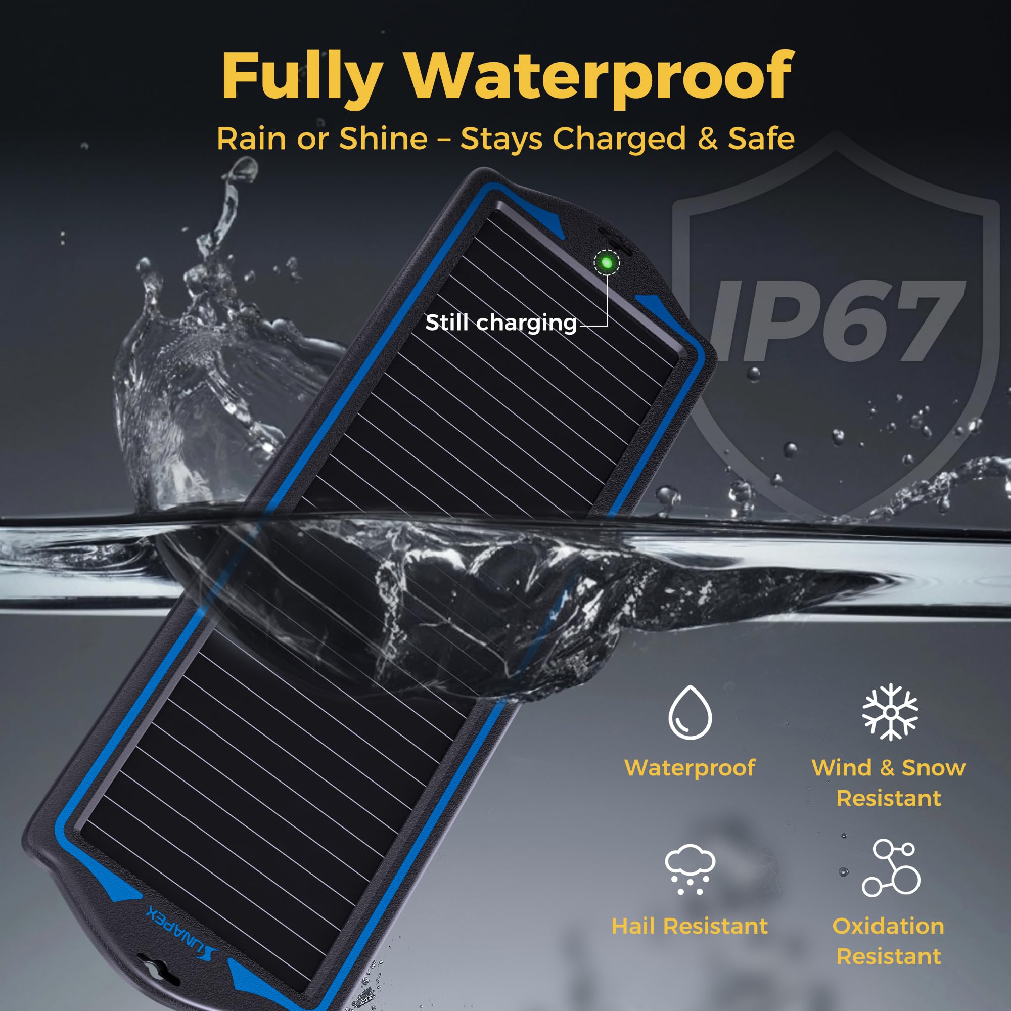 SUNAPEX 12V solar panel battery maintainer for reliable top-up charging.