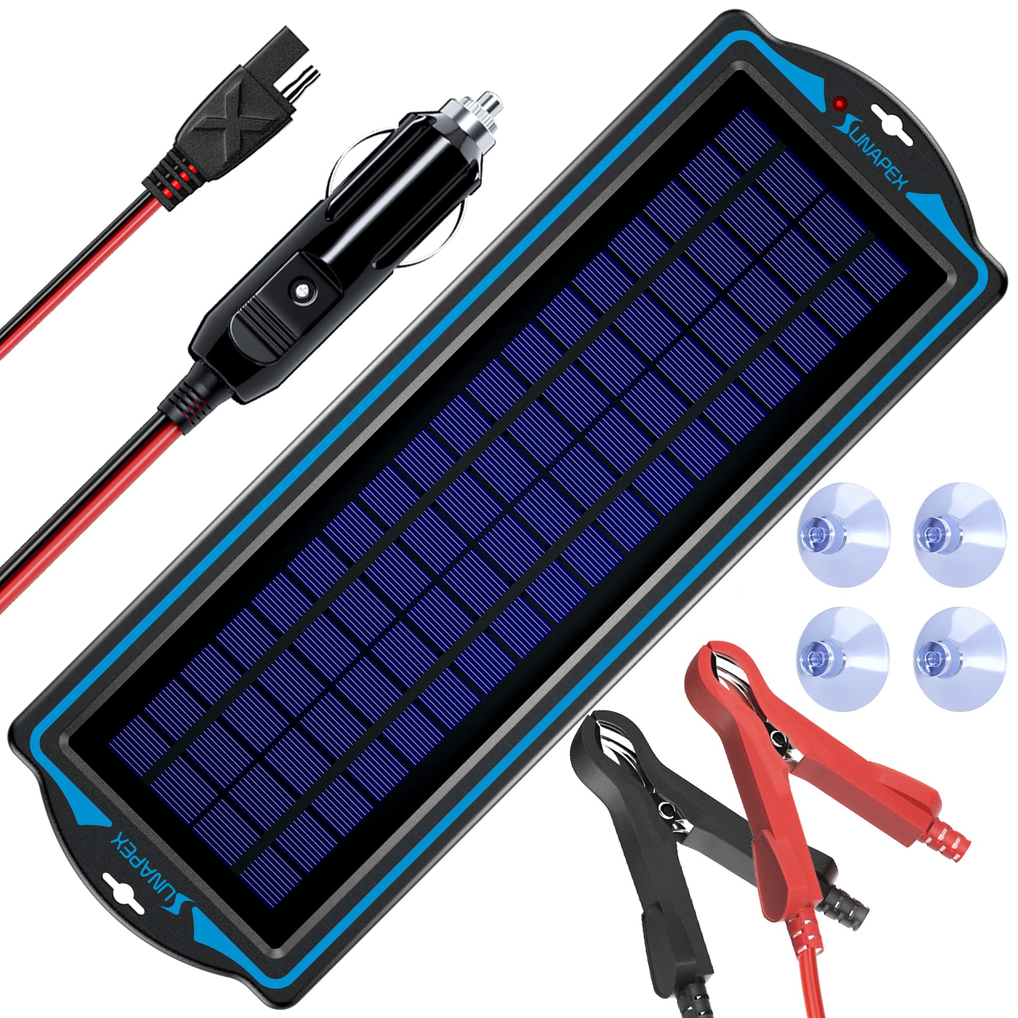 SUNAPEX 12V solar panel maintains car batteries during storage with a compact portable design.
