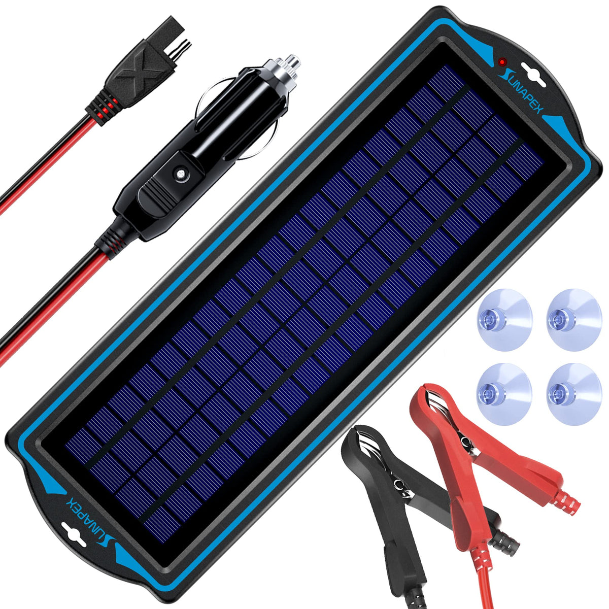 SUNAPEX 12V solar panel maintains car batteries during storage with a compact portable design.