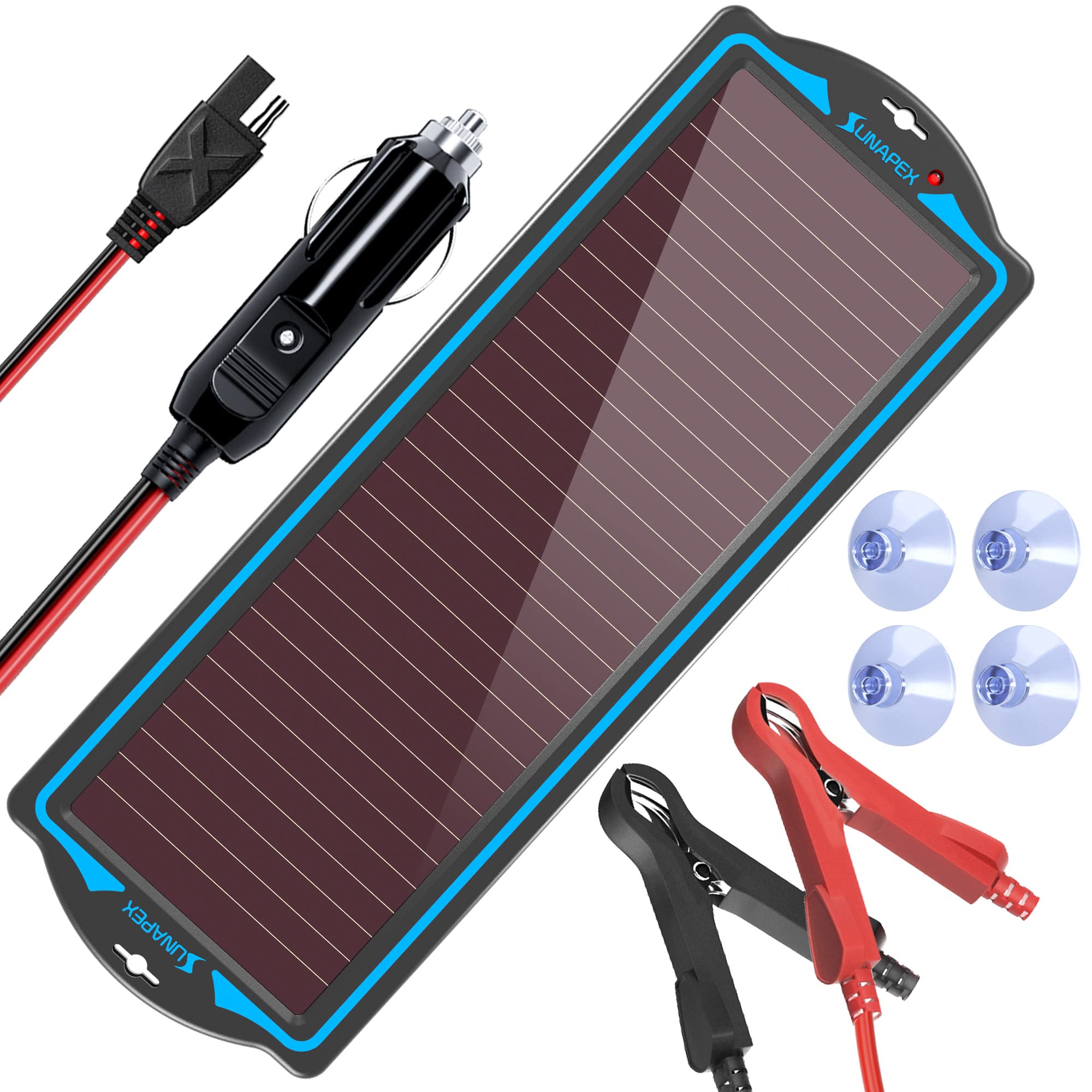 SUNAPEX 12V solar panel built-in controller for safe, automatic battery maintenance.