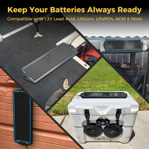SUNAPEX 12V solar panel ready for car, boat, or RV charging setups.