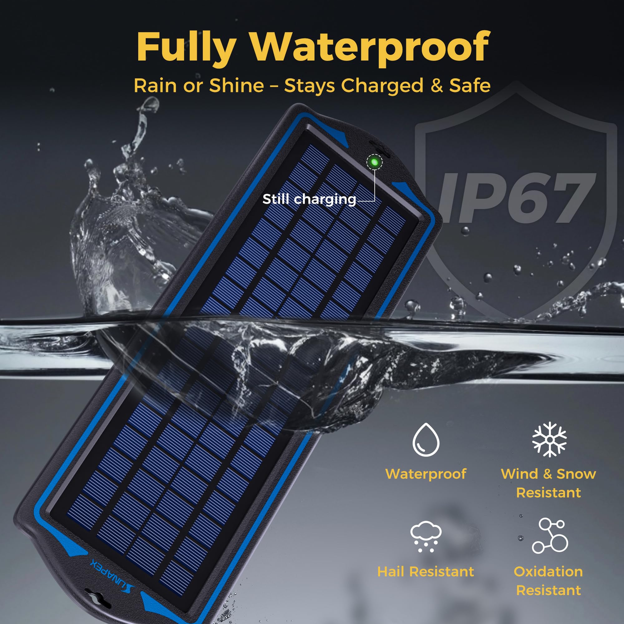 SUNAPEX built-in charge controller ensures safe charging and prevents overcharge.