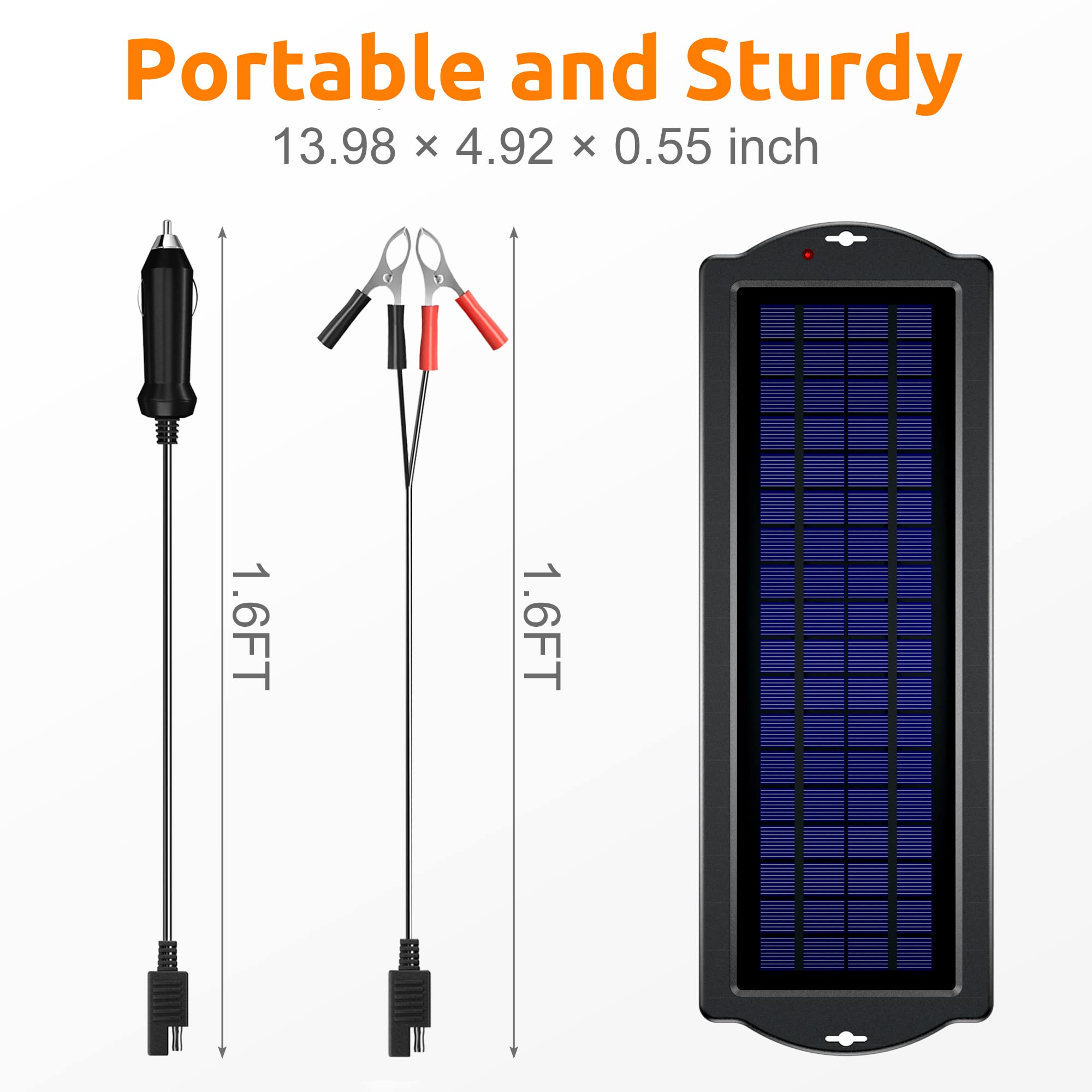 SUNAPEX cigarette lighter plug and alligator clips provide direct battery connection.