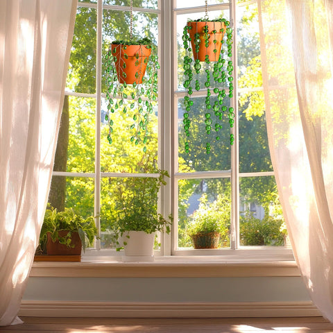 Suncalla crystal suncatcher hanging near window casting colors