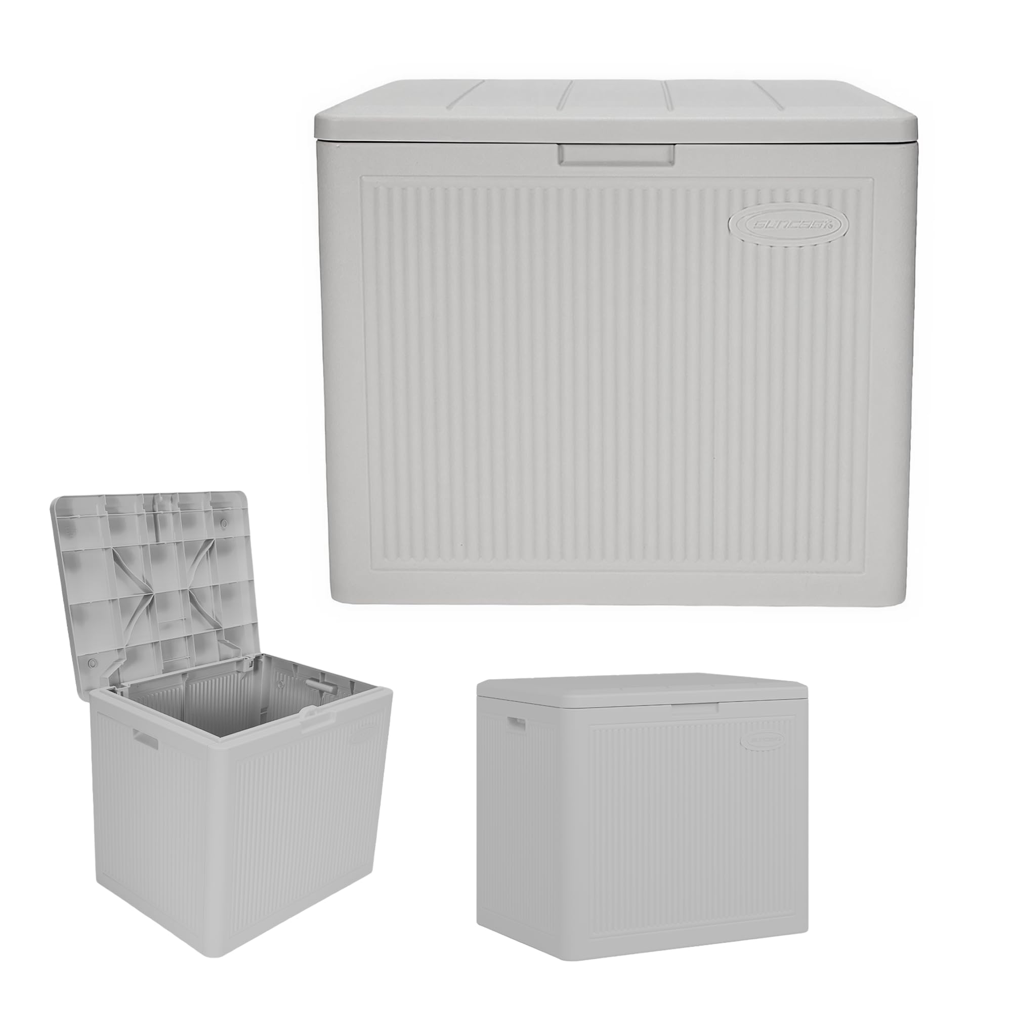 Suncast 22-gallon deck box with reed design offers durable, weather-ready storage