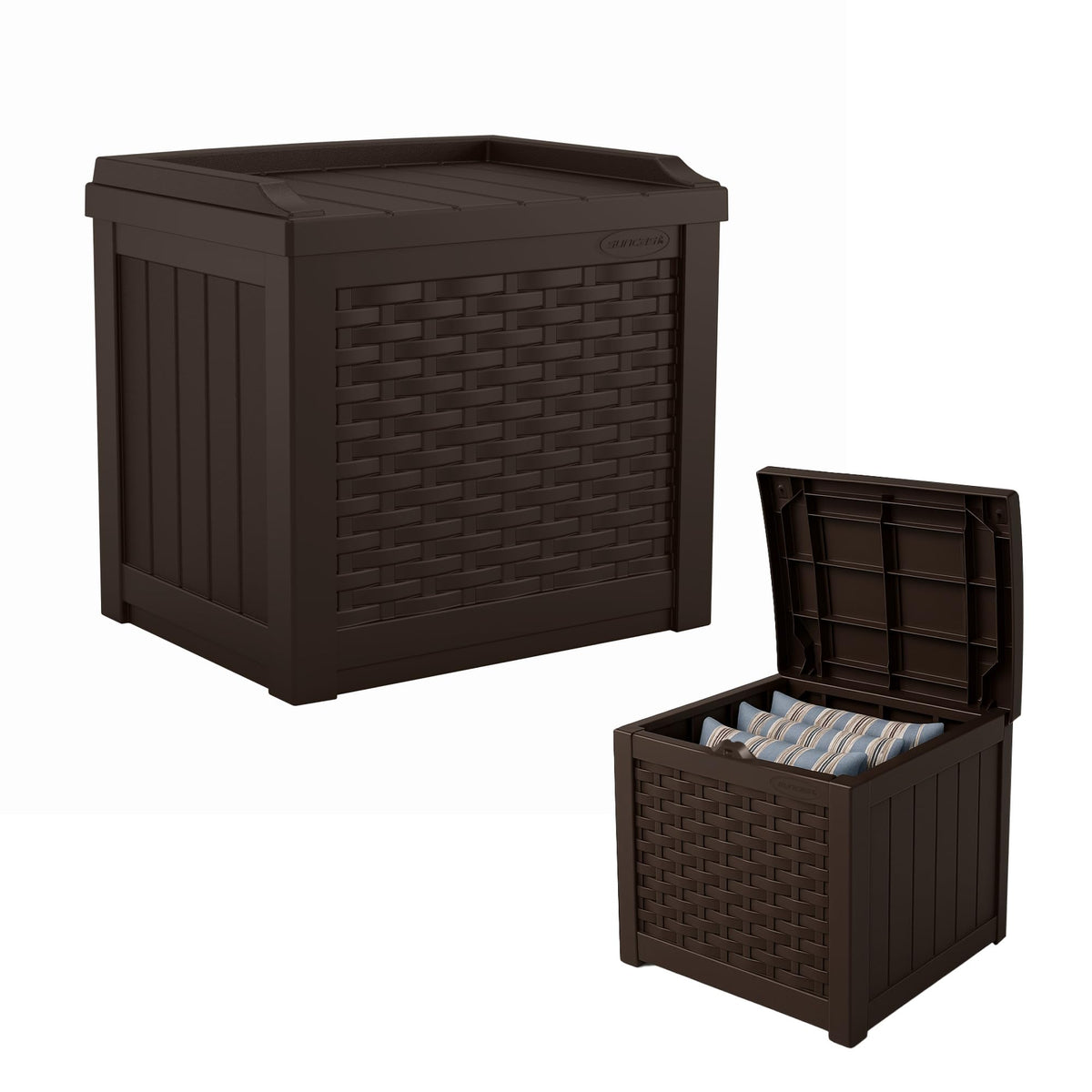 Suncast 22-gallon Java resin deck box front view keeps cushions dry and organized
