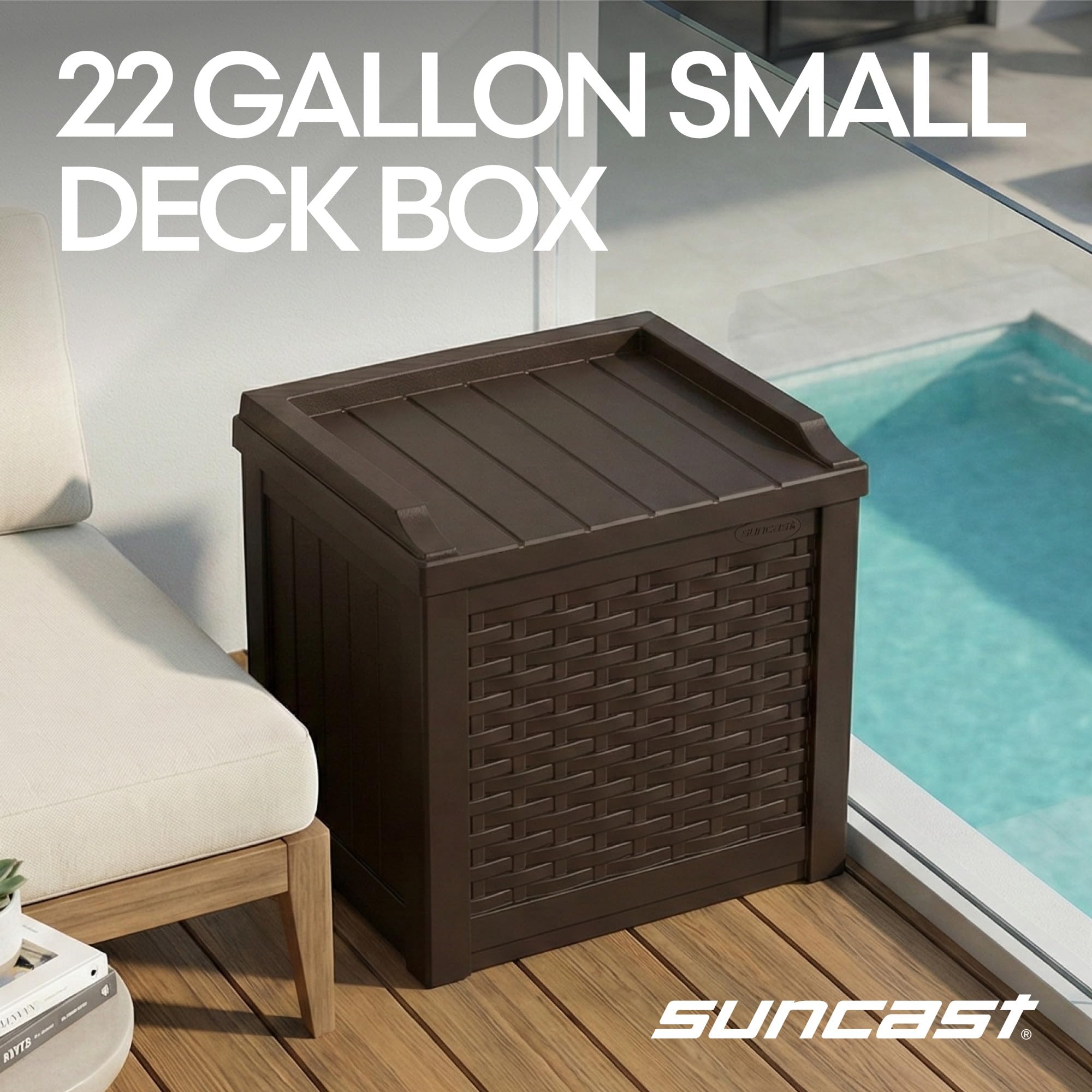 Suncast 22-gallon Java resin deck box open lid for quick towel access
