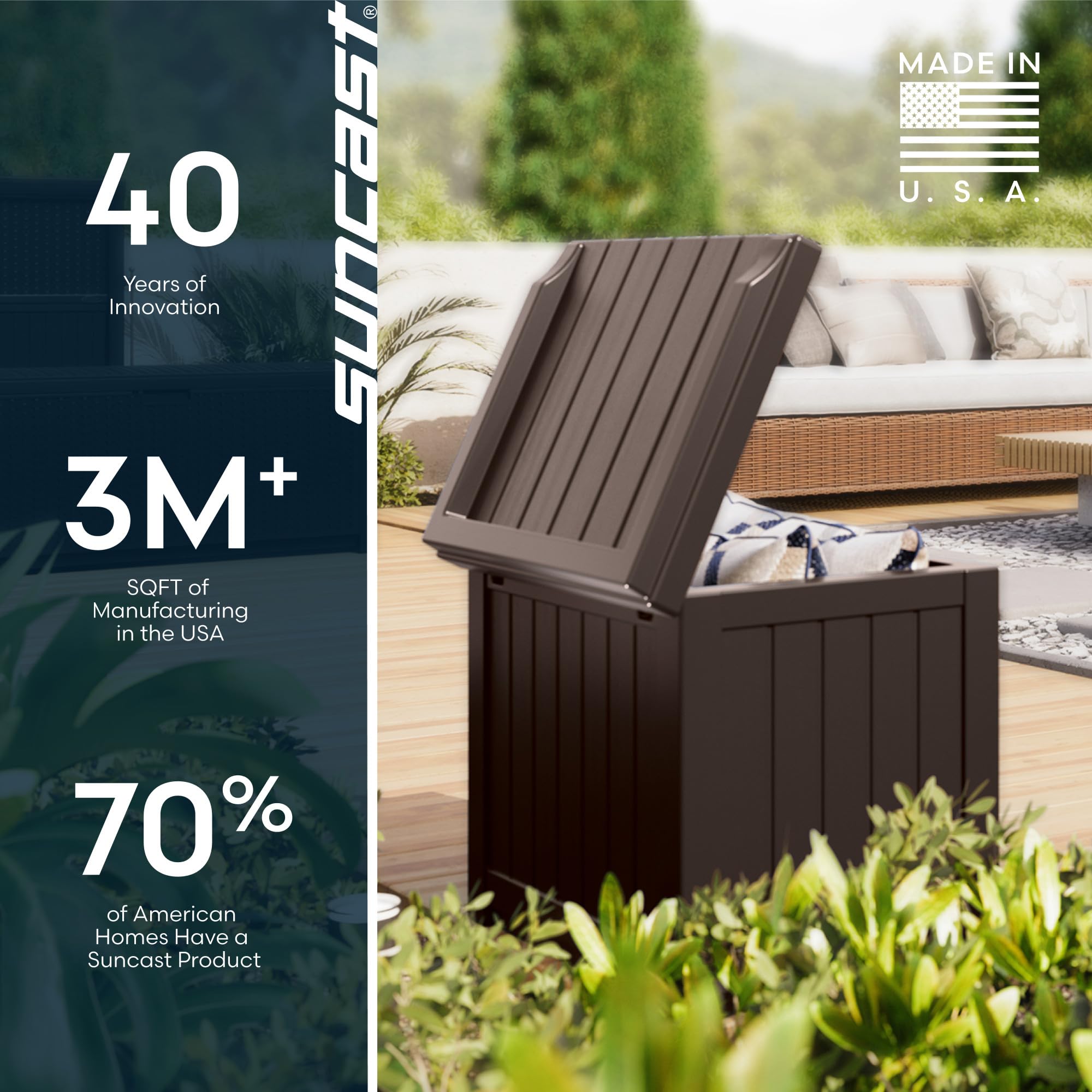 Suncast 22-gallon Java resin deck box keeps outdoor spaces tidy year-round