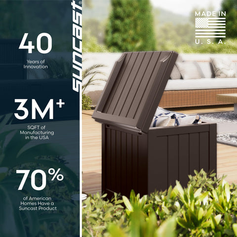 Suncast 22-gallon Java resin deck box keeps outdoor spaces tidy year-round