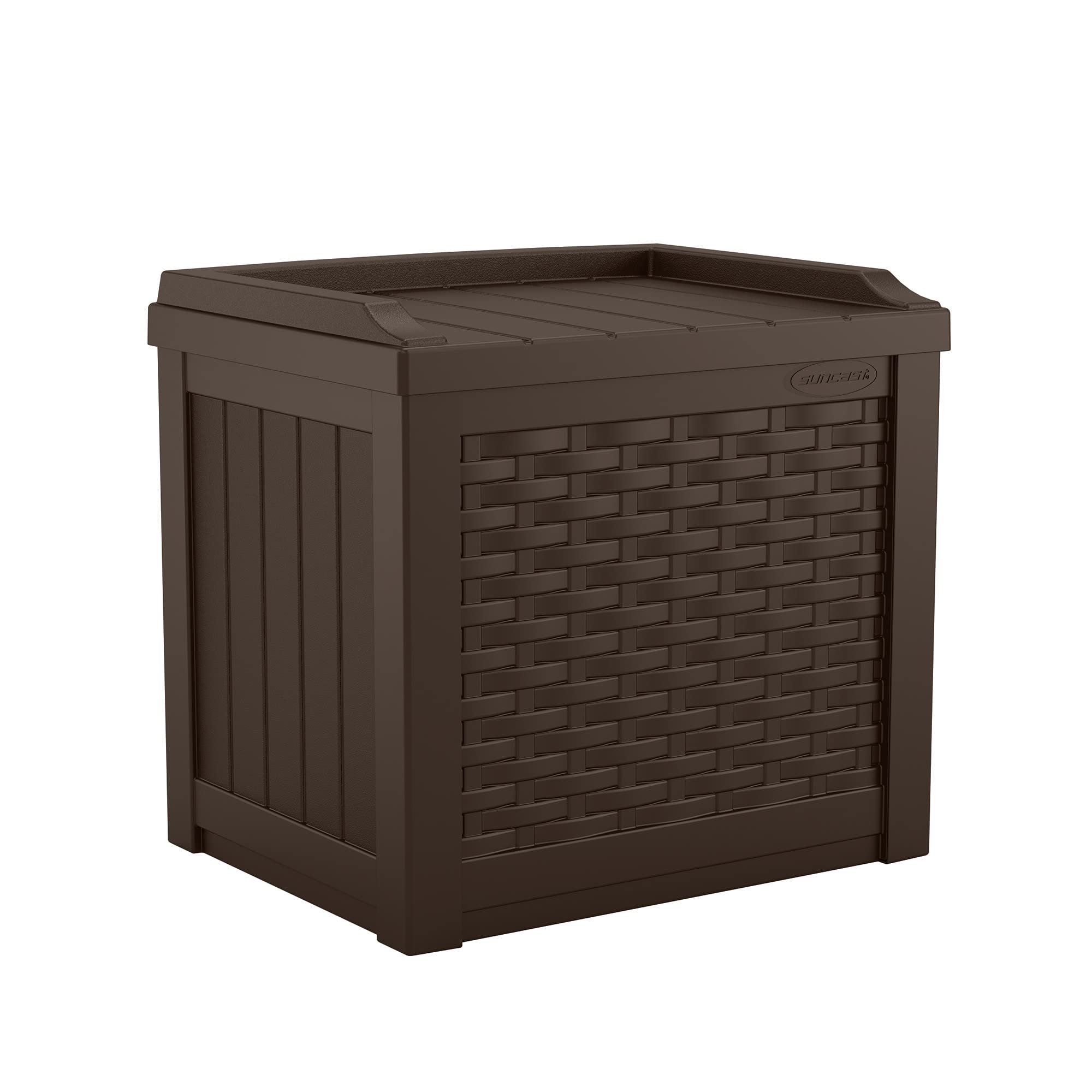 Suncast 22-gallon Java resin deck box stores tools and garden gear securely