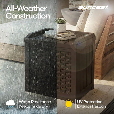 Suncast 22-gallon Java resin deck box interior fits cushions and pool accessories