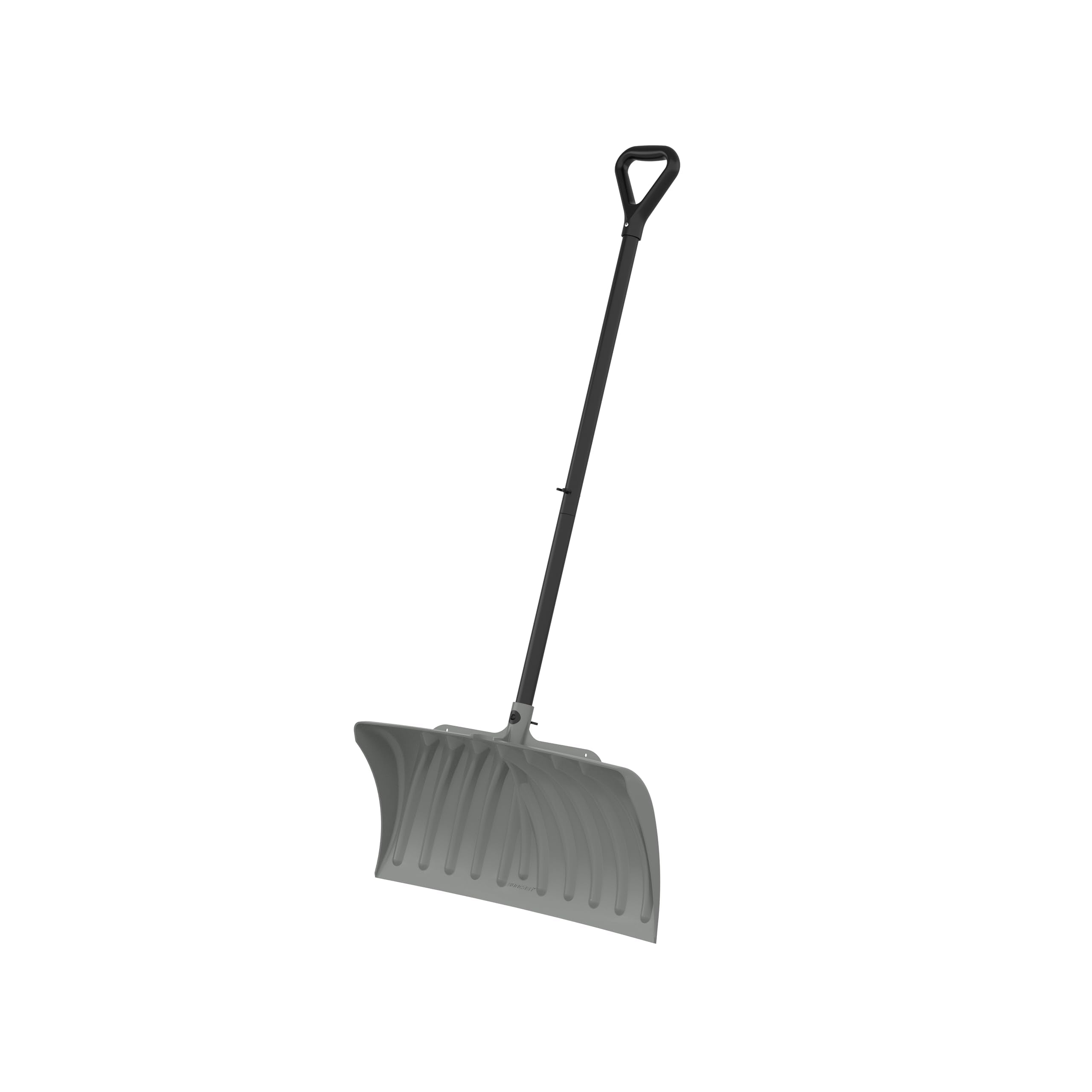 Suncast 27-inch deluxe snow pusher with curved blade for easy dry-snow removal.