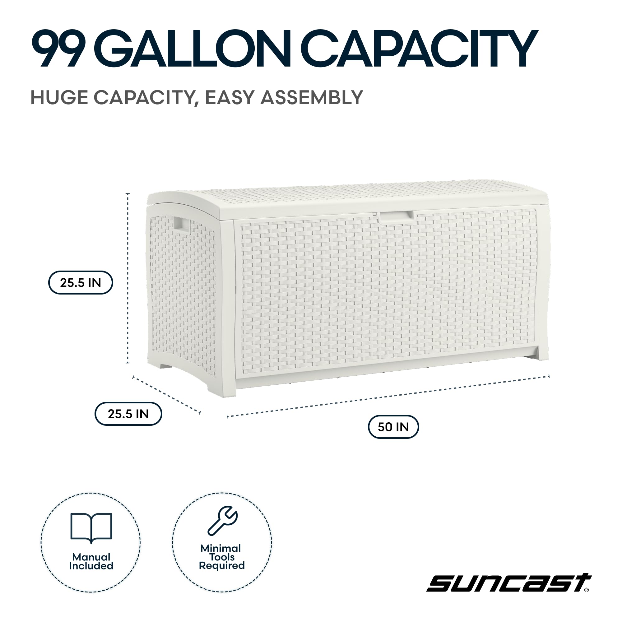 Suncast 99-gallon deck box close-up on poly resin material