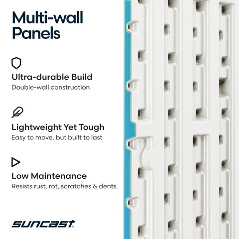 Suncast 99-gallon deck box dimensions 25.5 by 50 inches shown clearly