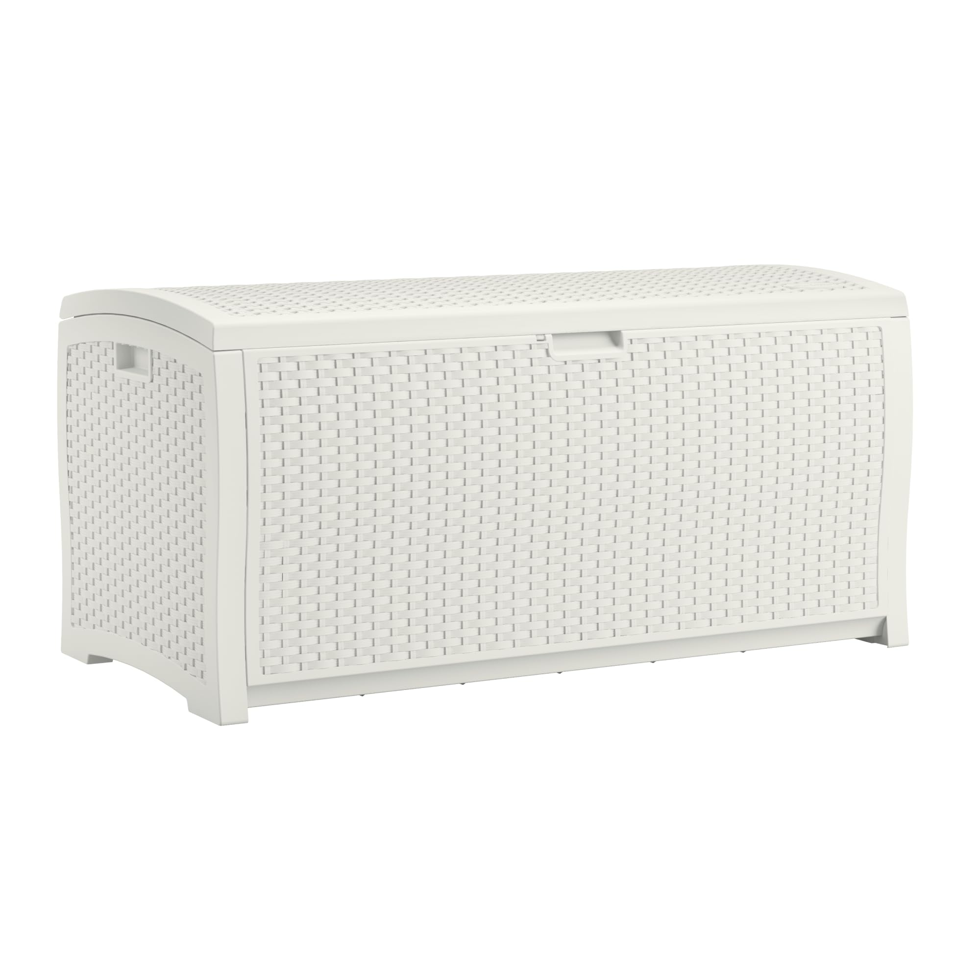 Suncast 99-gallon deck box front view showing spacious outdoor storage