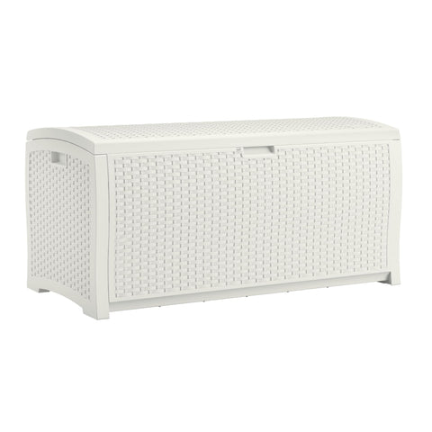 Suncast 99-gallon deck box front view showing spacious outdoor storage