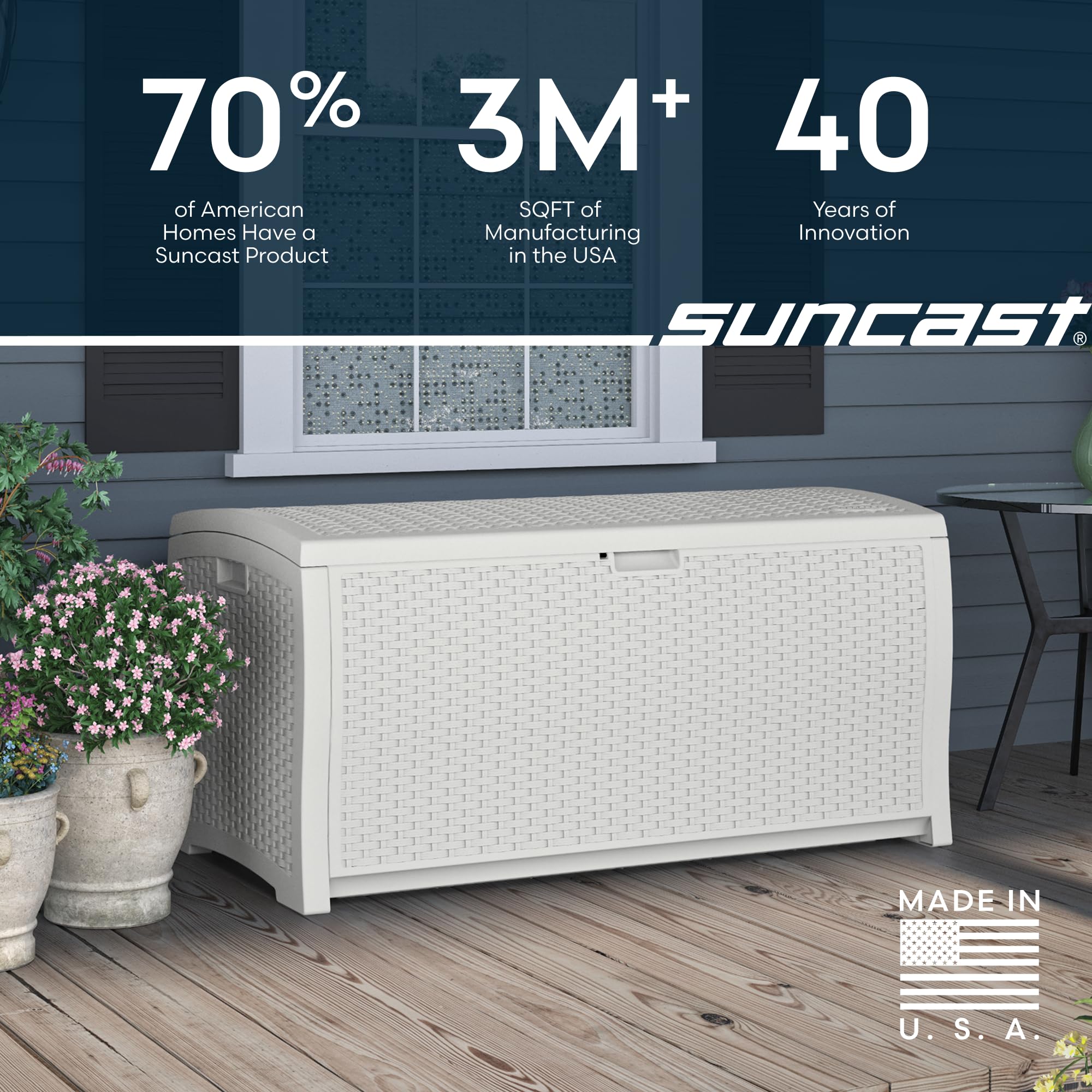 Suncast 99-gallon deck box in a backyard setup for organized storage