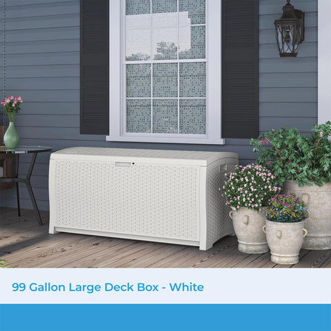 Suncast 99-gallon deck box with lid open for easy access