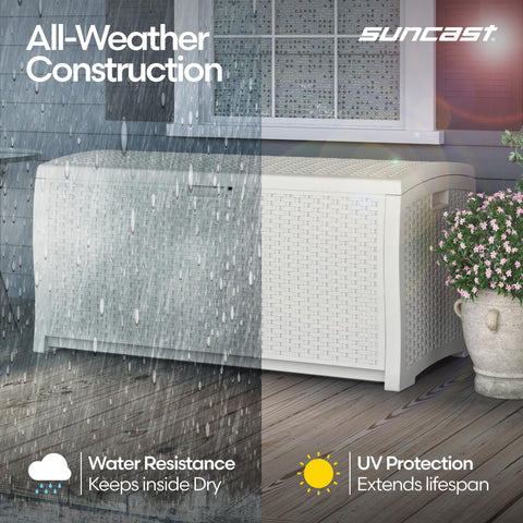 Suncast 99-gallon deck box panel detail emphasizing build quality