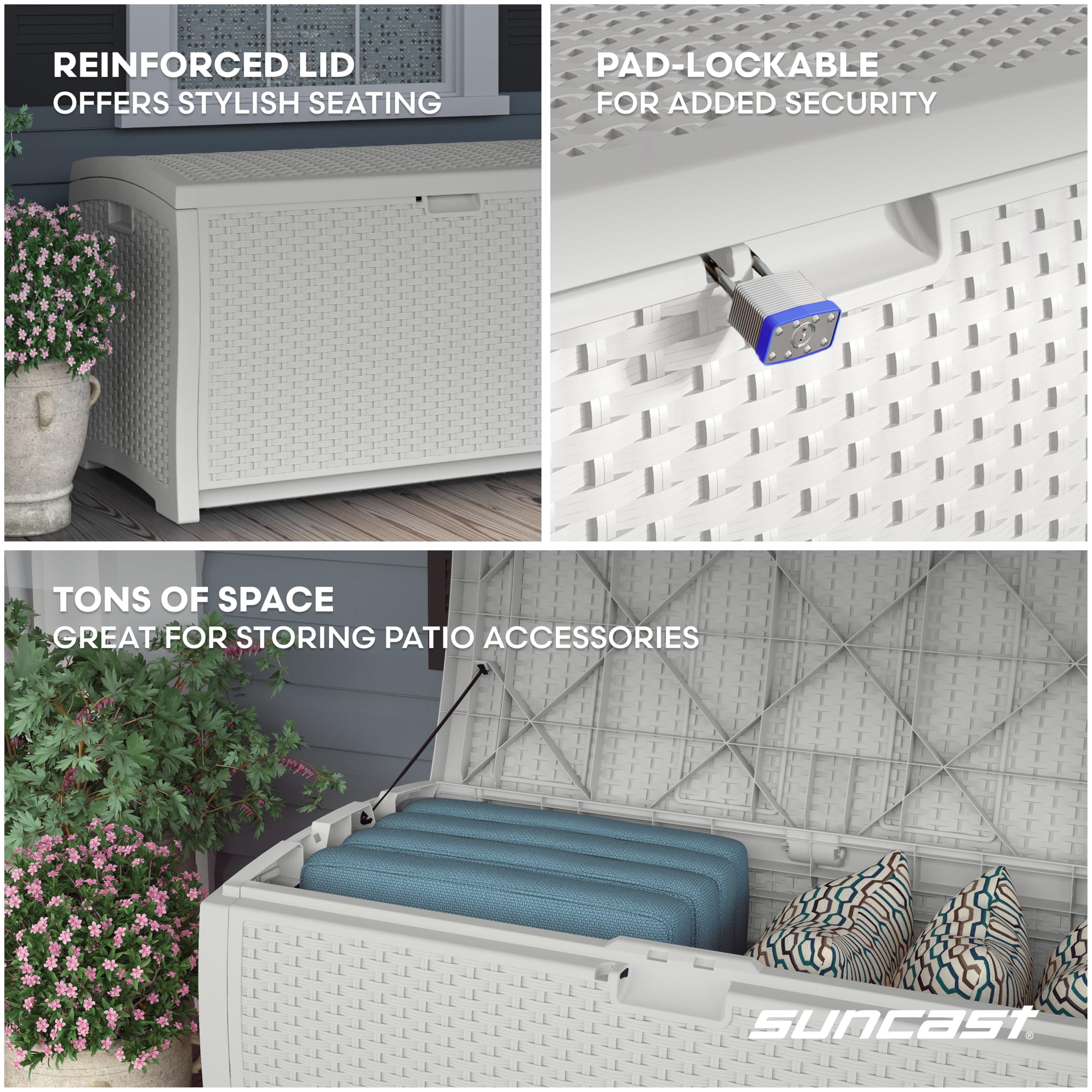 Suncast 99-gallon deck box rainwater shedding design in action