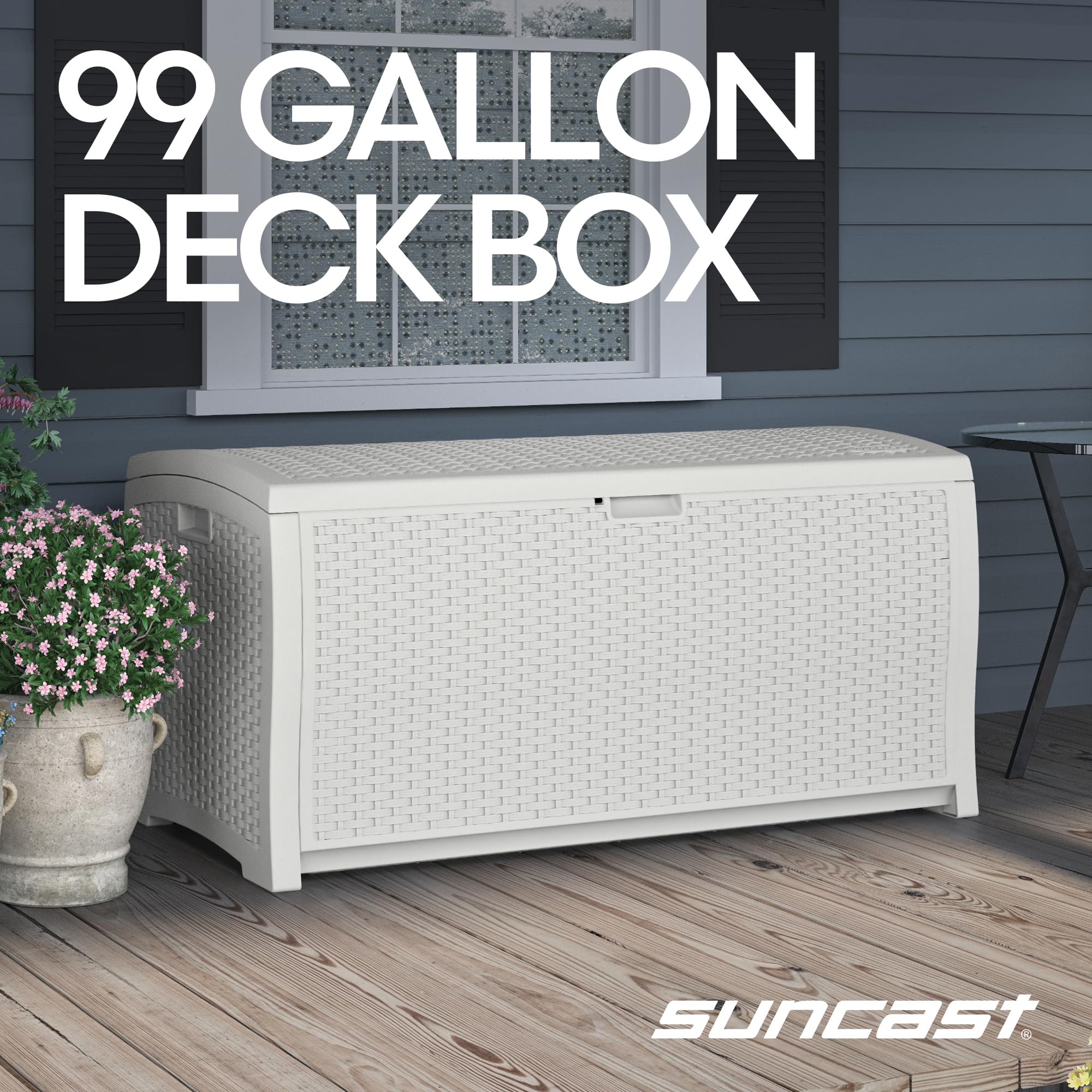 Suncast 99-gallon deck box side view highlighting compact footprint