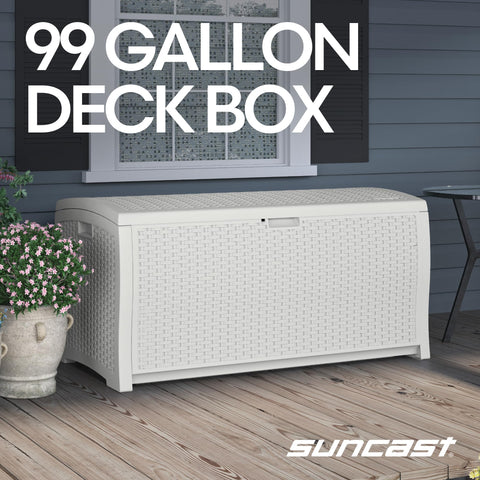 Suncast 99-gallon deck box side view highlighting compact footprint