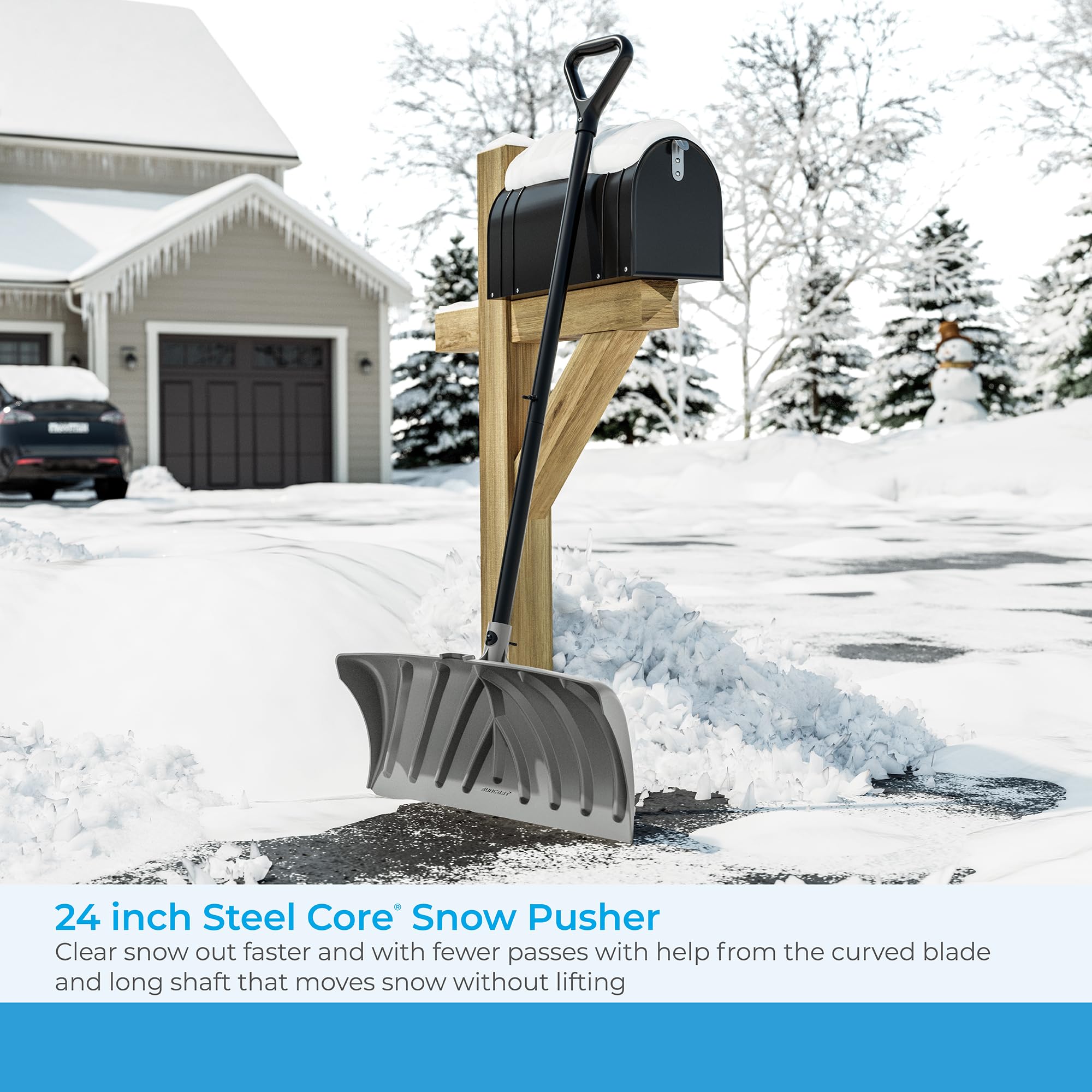 Suncast snow pusher with D-grip handle for comfortable control during pushing