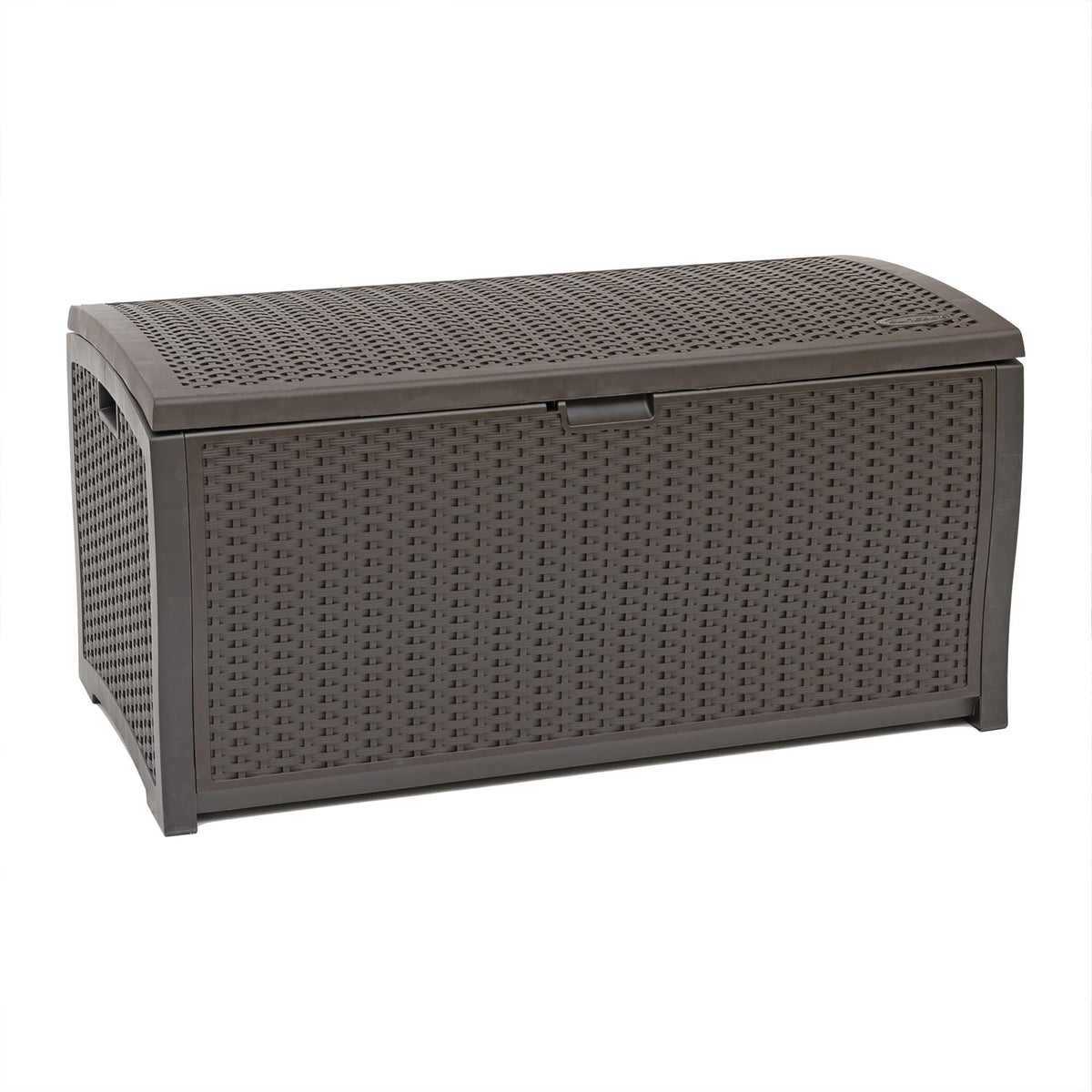 Suncast DBW9200 front view: wicker resin deck box for organized outdoor storage