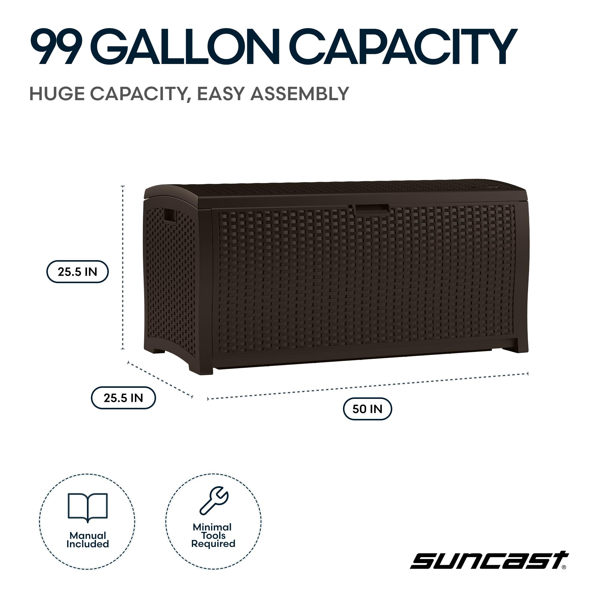 Suncast DBW9200 inside view: roomy 99-gallon capacity for gear