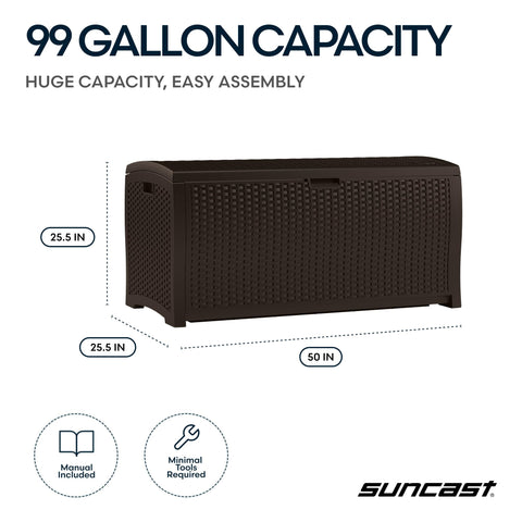Suncast DBW9200 inside view: roomy 99-gallon capacity for gear