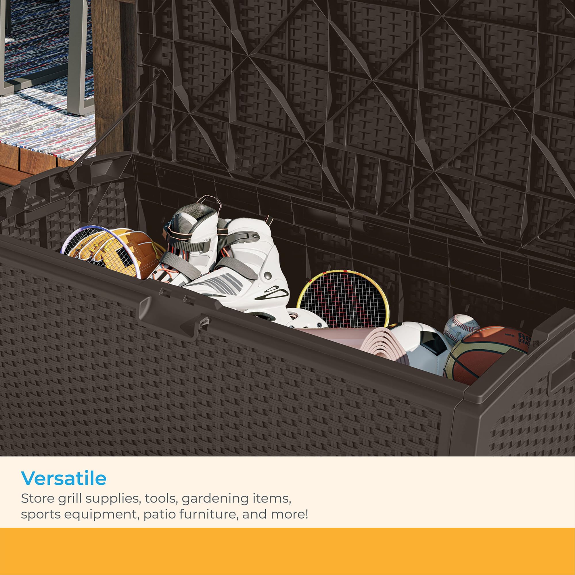 Suncast DBW9200 on patio with cushions: ideal deck storage solution