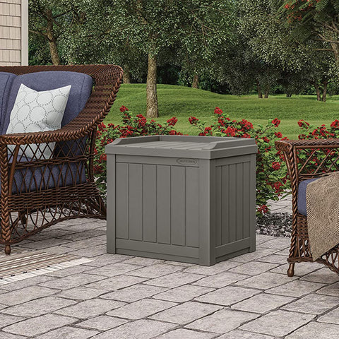 Suncast deck box placed beside porch for convenient use