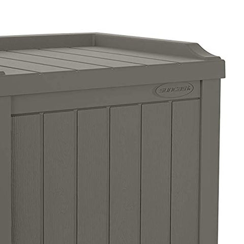 Suncast outdoor deck box with built-in seat and closed lid