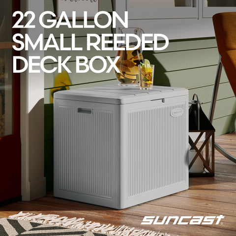 Suncast deck box lid doubles as a sturdy outdoor seat