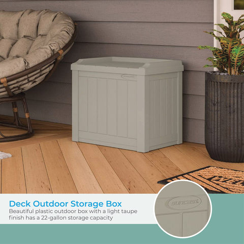 Suncast deckbox doubling as a bench for outdoor seating and storage.
