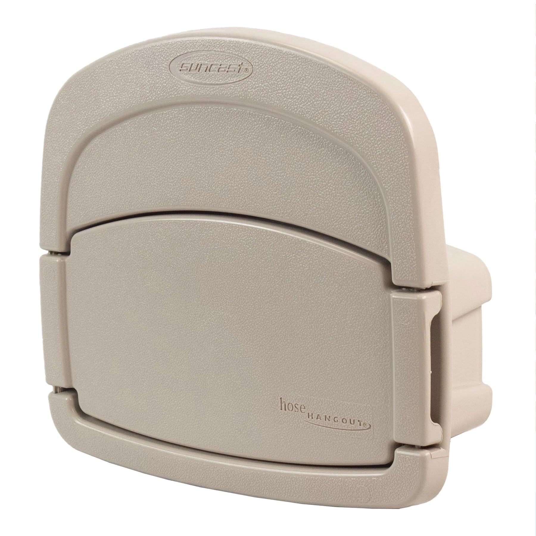 Suncast Deluxe Garden Hangout hose reel showing neat storage for easy garden tools.
