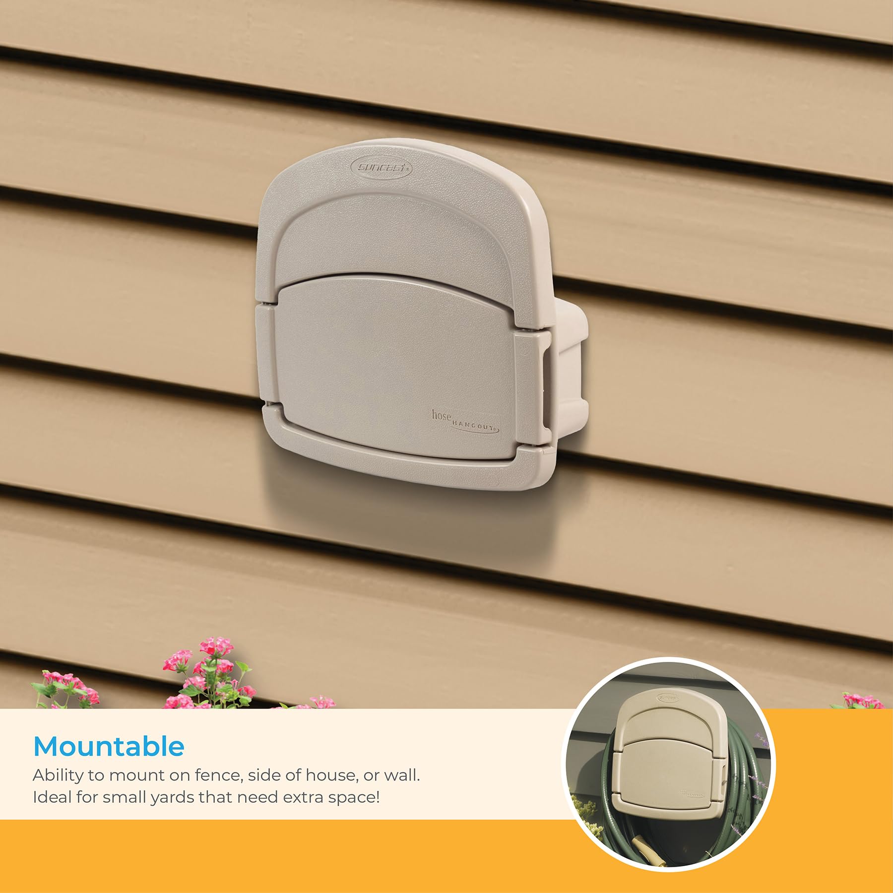 Beige finish of the Suncast Hangout blends with exterior decor.