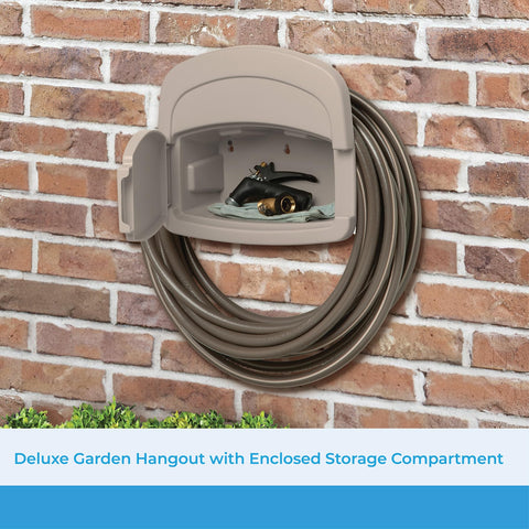 Suncast hose hangout with enclosed storage for nozzles and gloves.