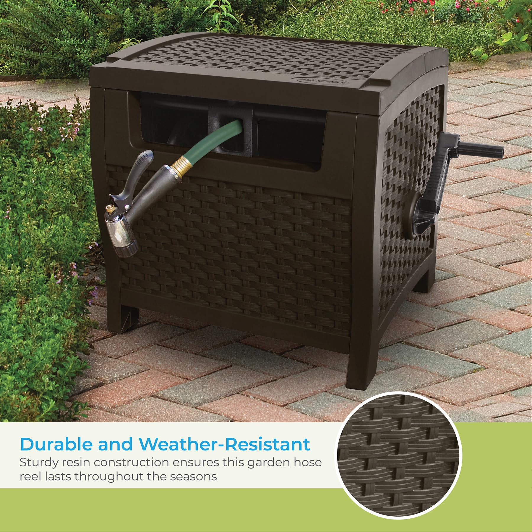 Suncast hose hideaway durable resin construction resists fading in outdoor conditions