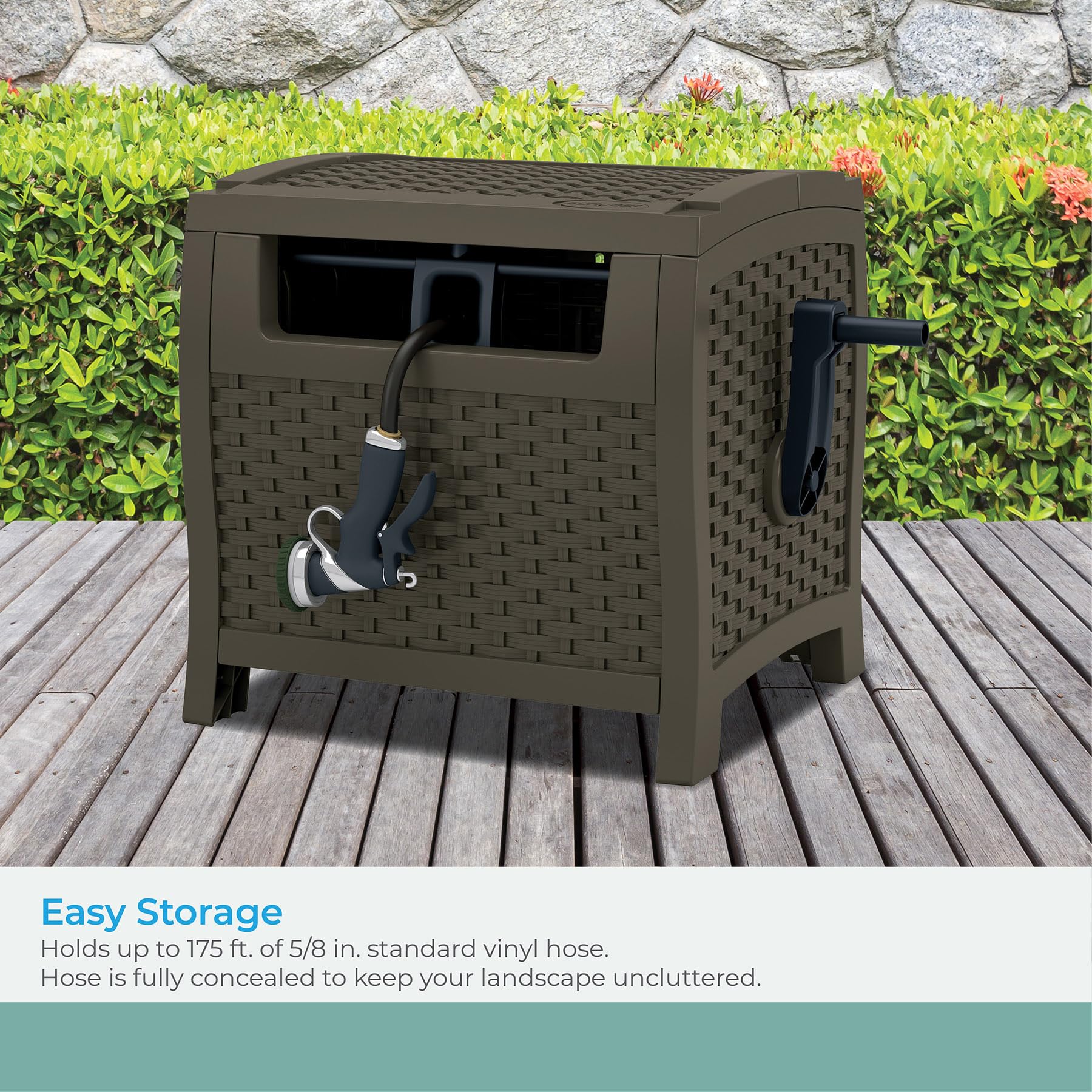 Suncast hose hideaway shows 225-foot hose storage capacity for mid to large yards