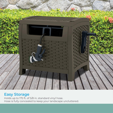 Suncast hose hideaway shows 225-foot hose storage capacity for mid to large yards